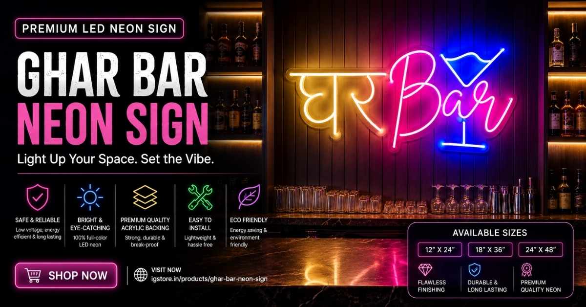 Premium Ghar Bar LED Neon Sign for Home Bar, Café & Lounge Wall Decor