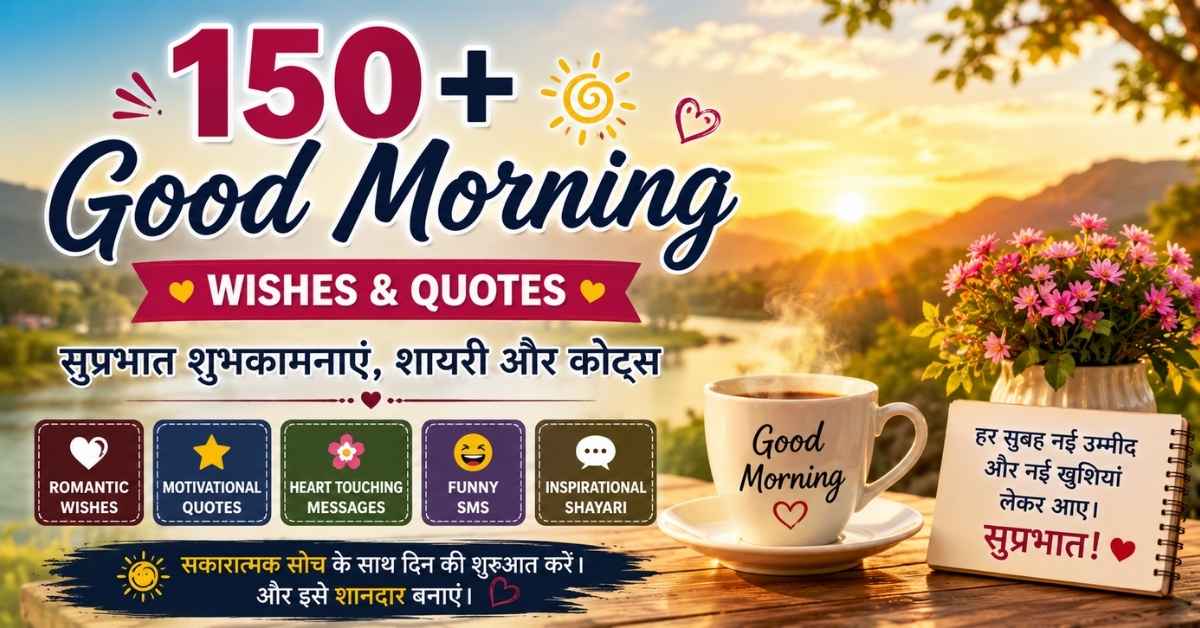 150+ Good Morning Wishes and Quotes in Hindi with sunrise coffee and motivational morning message