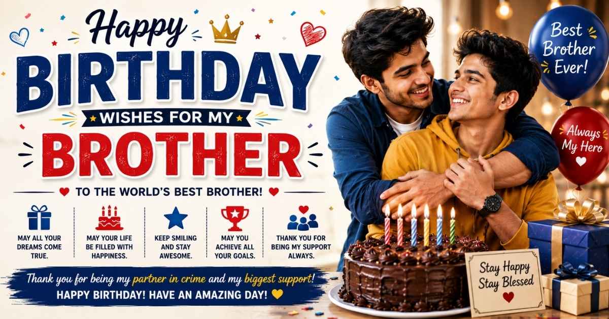 Happy Birthday Wishes for Brother banner with birthday cake, balloons and loving brothers celebration