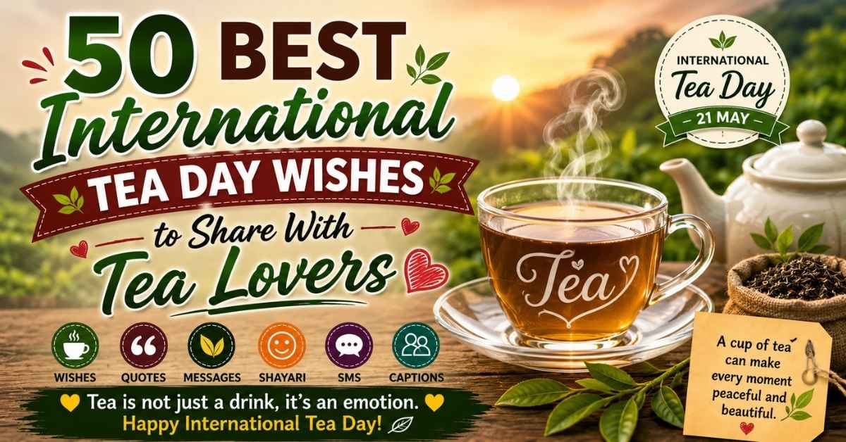 50 Best International Tea Day Wishes to Share With Tea Lovers with hot tea cup and tea leaves background