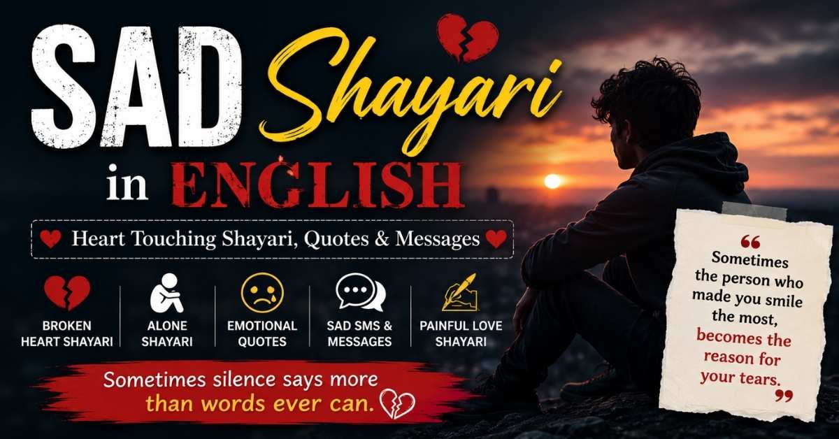Sad Shayari in English with emotional broken heart quotes and lonely person at sunset